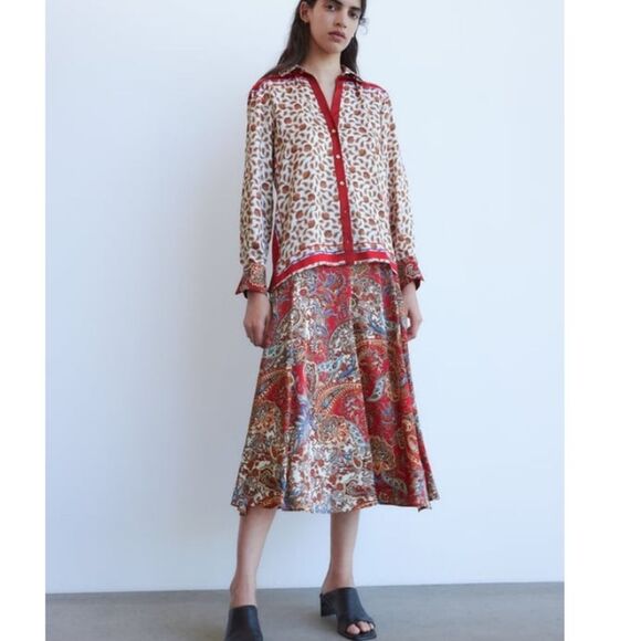 Zara Paisley Floral Printed Satin Button Front Shirt Blouse Women's Medium - Picture 7 of 16